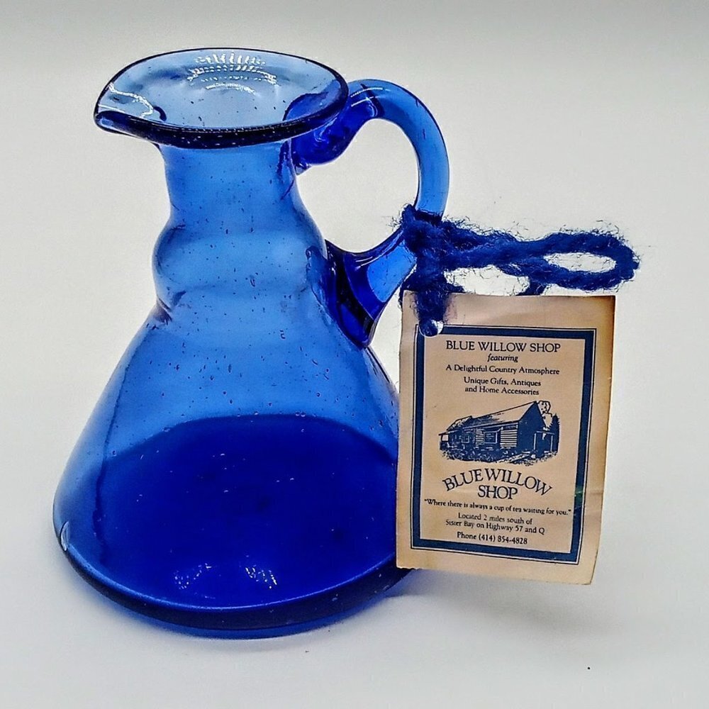 Handblown Blue Willow Shop Blue Glass Pitcher Vase NWT